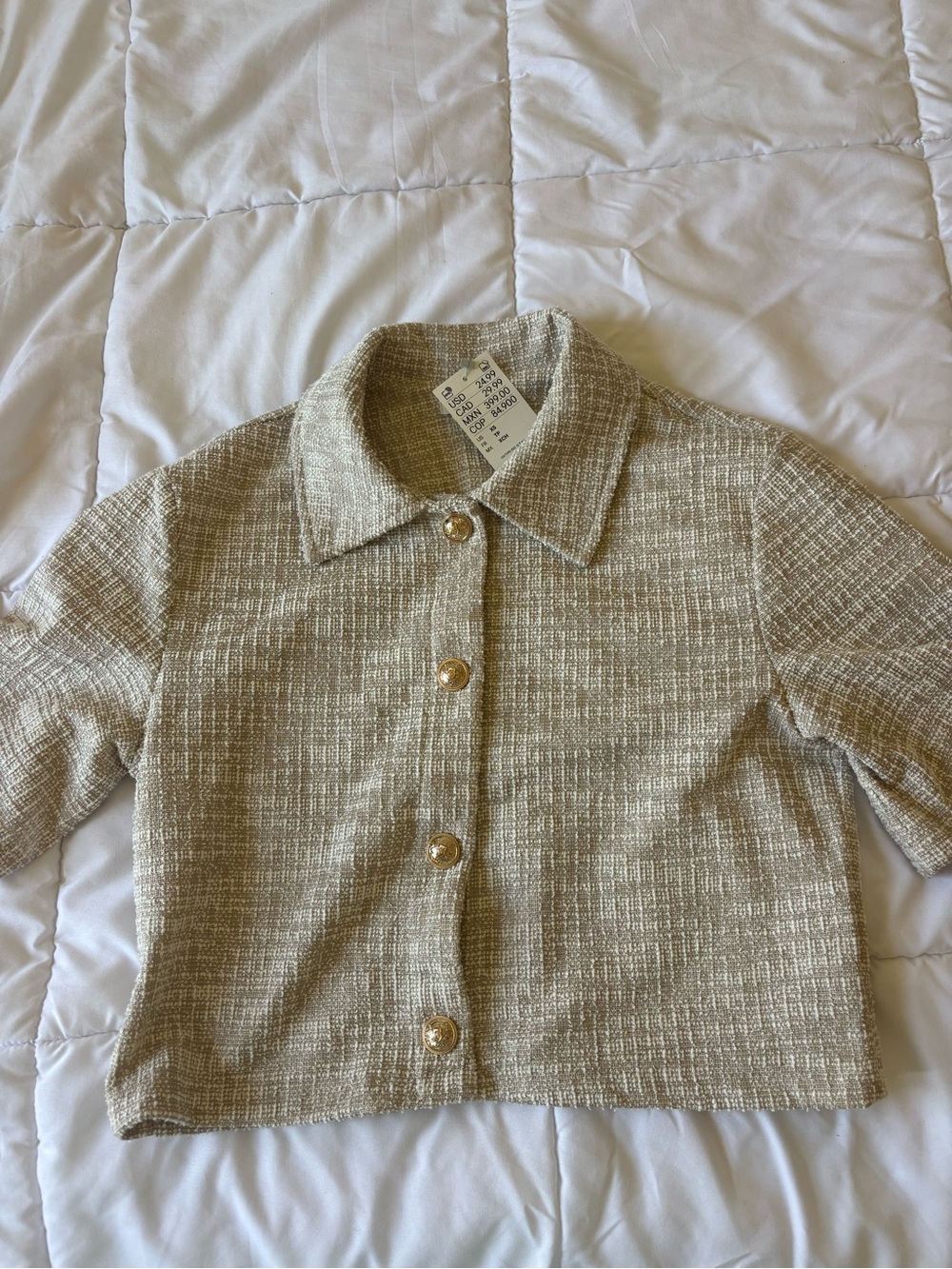 H&M Cream Tweed Button-Down Crop Shirt